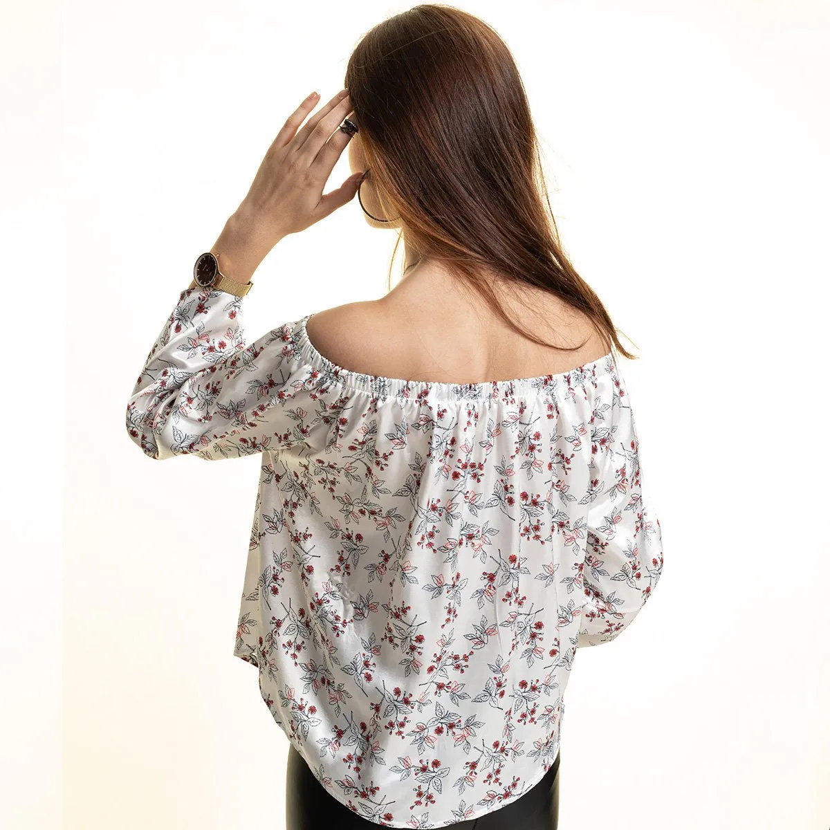 White Red Long Sleeve Off the Shoulder Blouse for Women - Going Out Floral Tops for Ladies