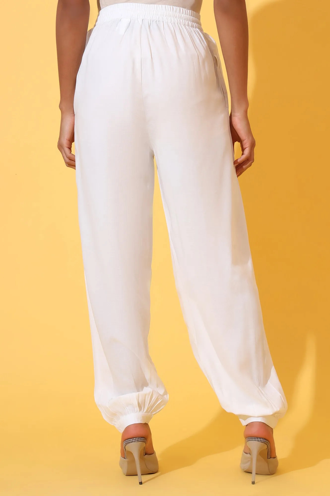 White Solid Ankle Length Rayon Harem Pants