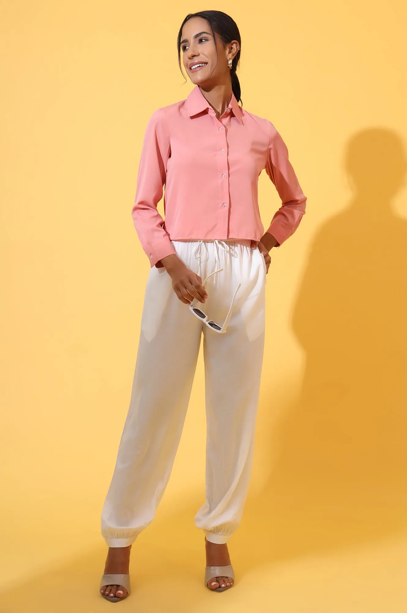 White Solid Ankle Length Rayon Harem Pants