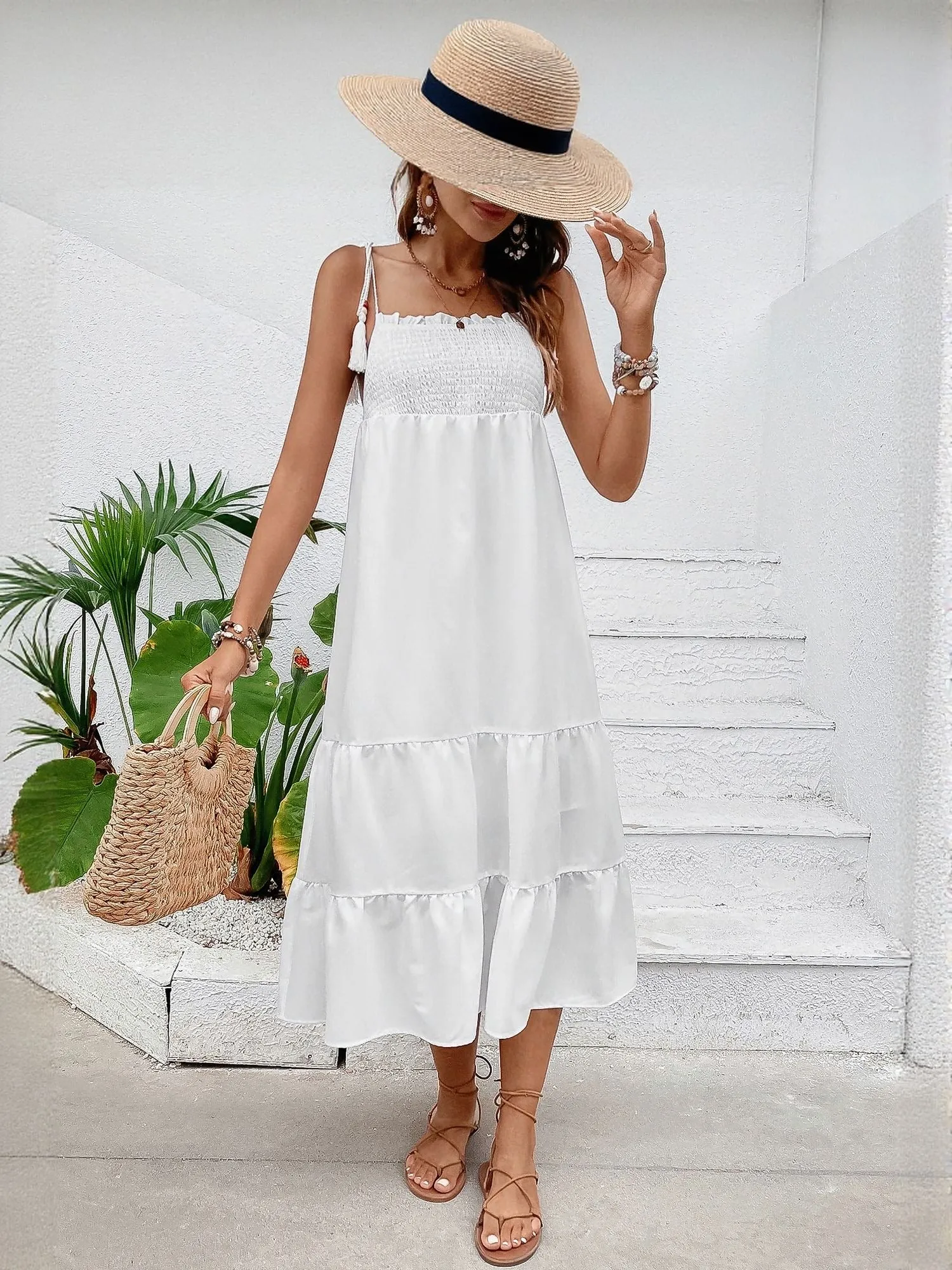 White Strappy Tie Up Midi Dress