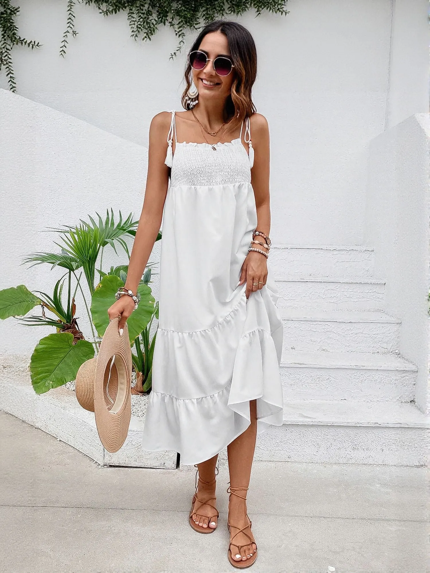 White Strappy Tie Up Midi Dress