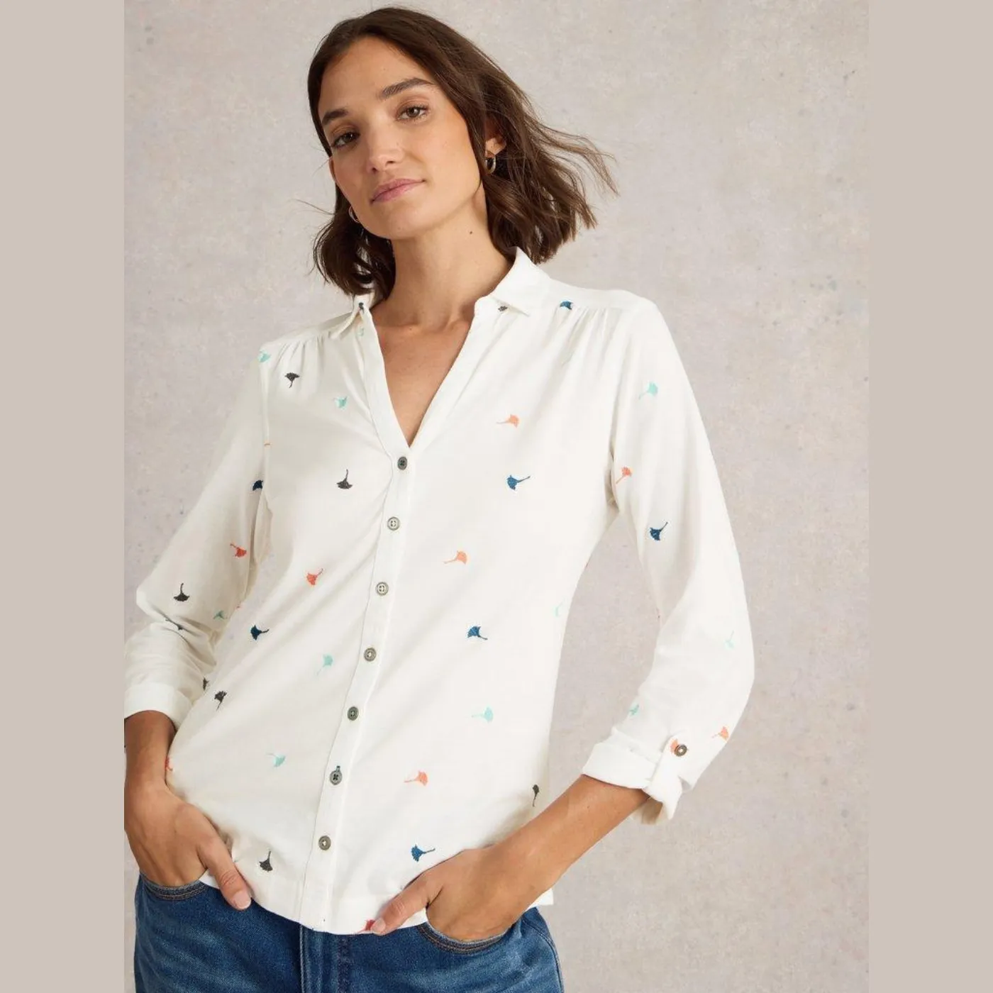 White Stuff Annie Ivory Embroidered Jersey Shirt