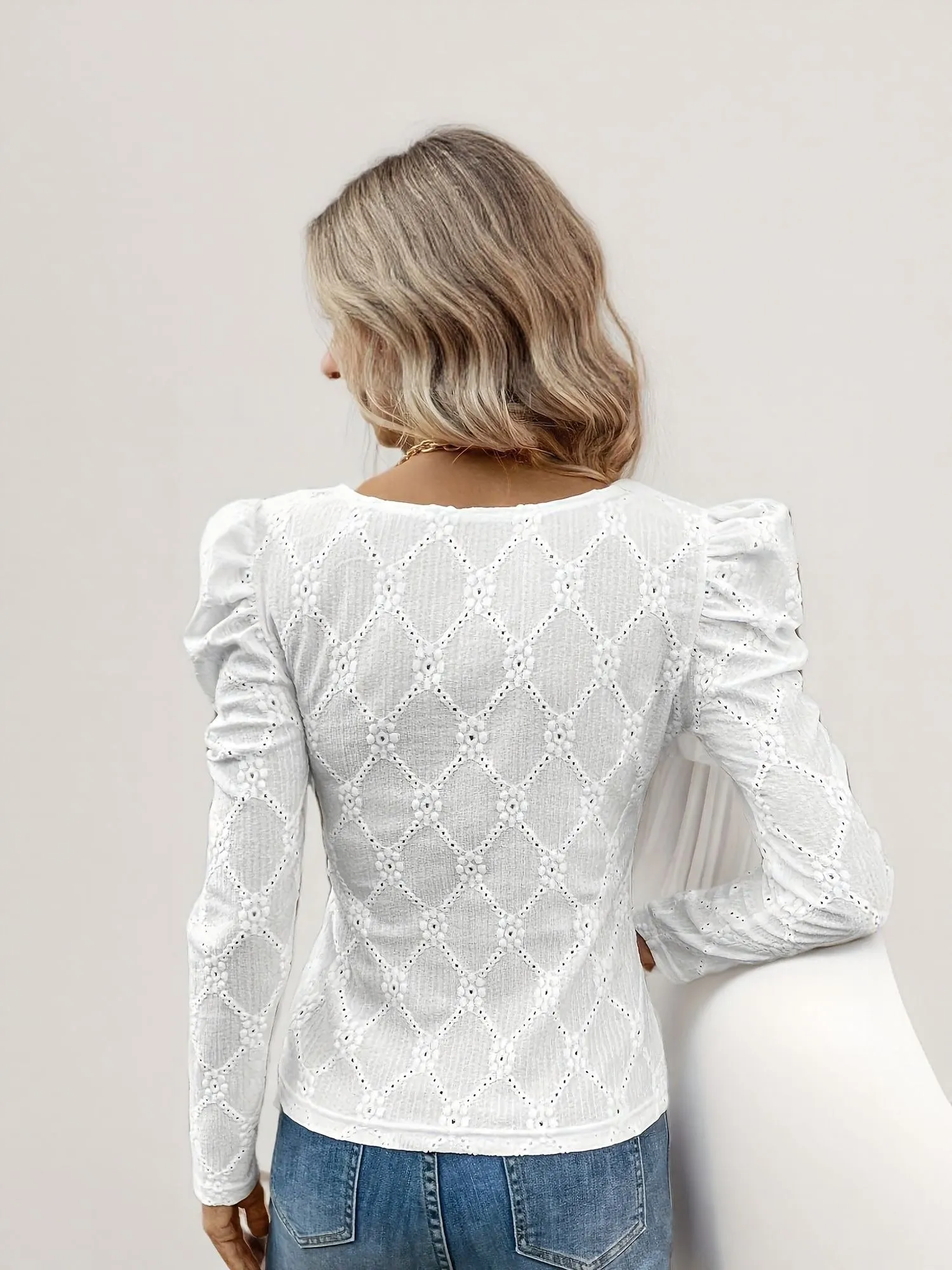 White Textured Top With Puffed Sleeve Detail