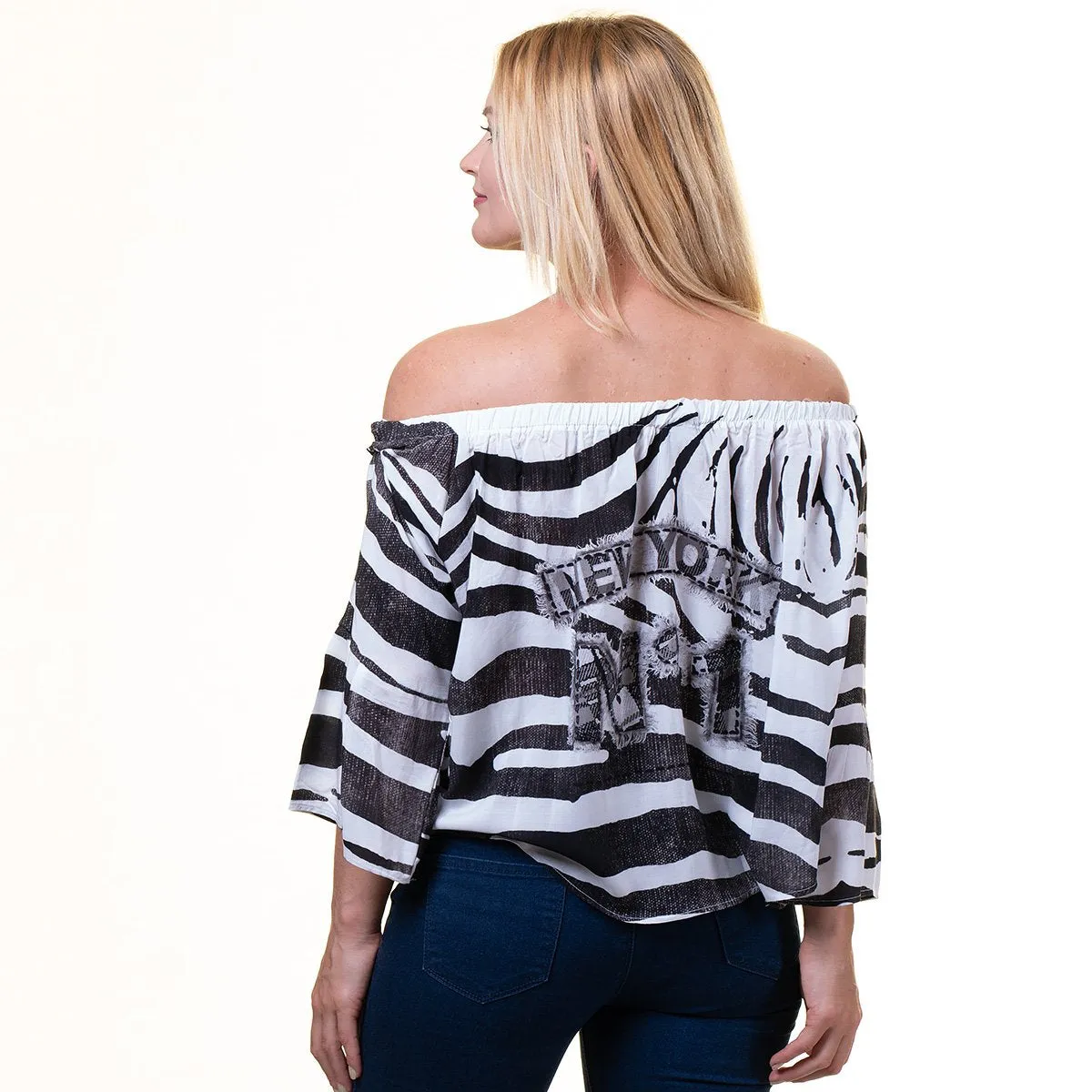 White With Black Stripes Long Sleeve Off the Shoulder Blouse for Women - Going Out Tops for Ladies