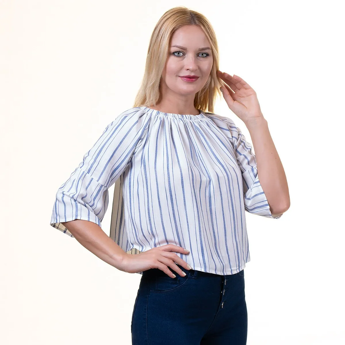 White With Blue Lines Long Sleeve Off the Shoulder Blouse for Women - Going Out Tops for Ladies