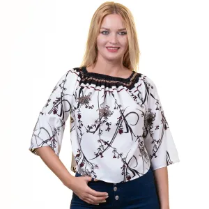 White With Multicolor Long Sleeve Off the Shoulder Blouse for Women - Going Out Tops for Ladies