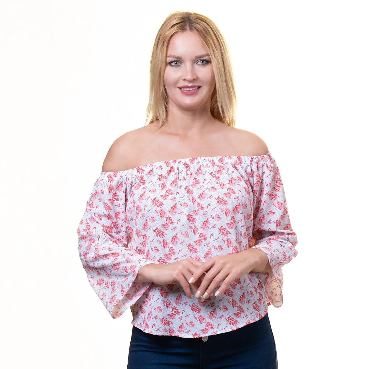 White With Pink Long Sleeve Off the Shoulder Blouse for Women - Going Out Pattern Tops for Ladies