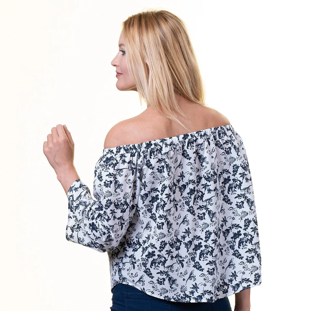 White With Purple Long Sleeve Off the Shoulder Blouse for Women - Going Out Leave Textured Tops