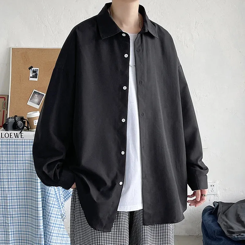 Wiaofellas  -  Spring Simple Black Long Sleeve Shirts Men Korean Mens Harajuku White Oversized Shirt Male Button Up Shirts Blouses 5XL-M