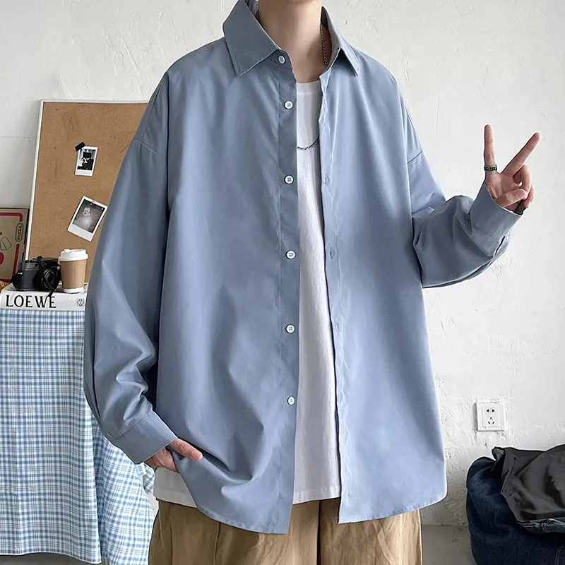 Wiaofellas  -  Spring Simple Black Long Sleeve Shirts Men Korean Mens Harajuku White Oversized Shirt Male Button Up Shirts Blouses 5XL-M