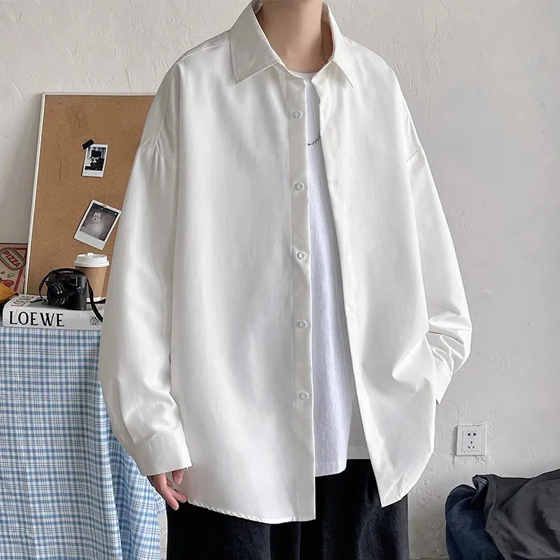 Wiaofellas  -  Spring Simple Black Long Sleeve Shirts Men Korean Mens Harajuku White Oversized Shirt Male Button Up Shirts Blouses 5XL-M