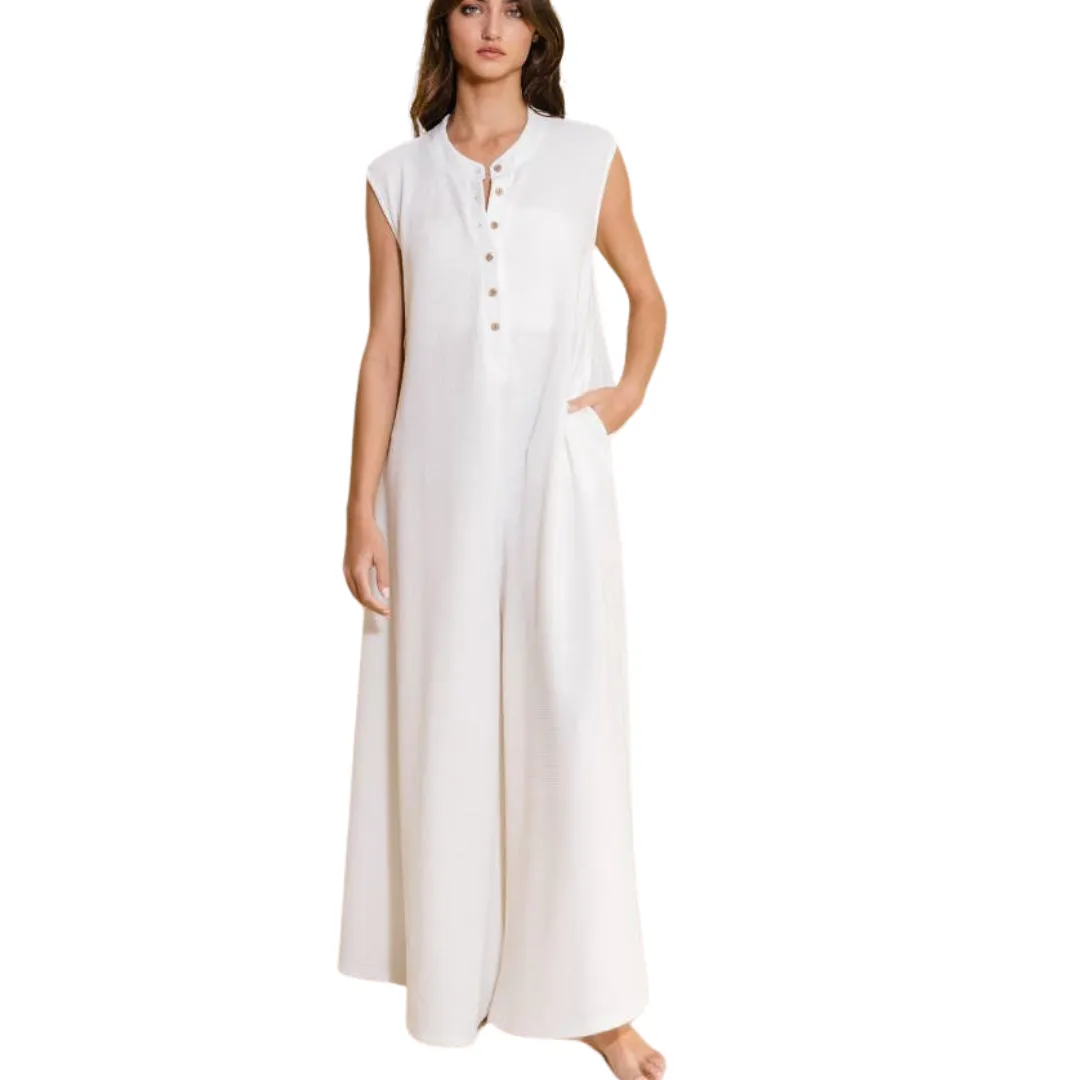 Wide Leg Button-up Loose Fit Solid Jumpsuit