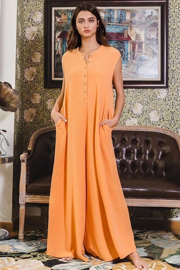 Wide Leg Button-up Loose Fit Solid Jumpsuit