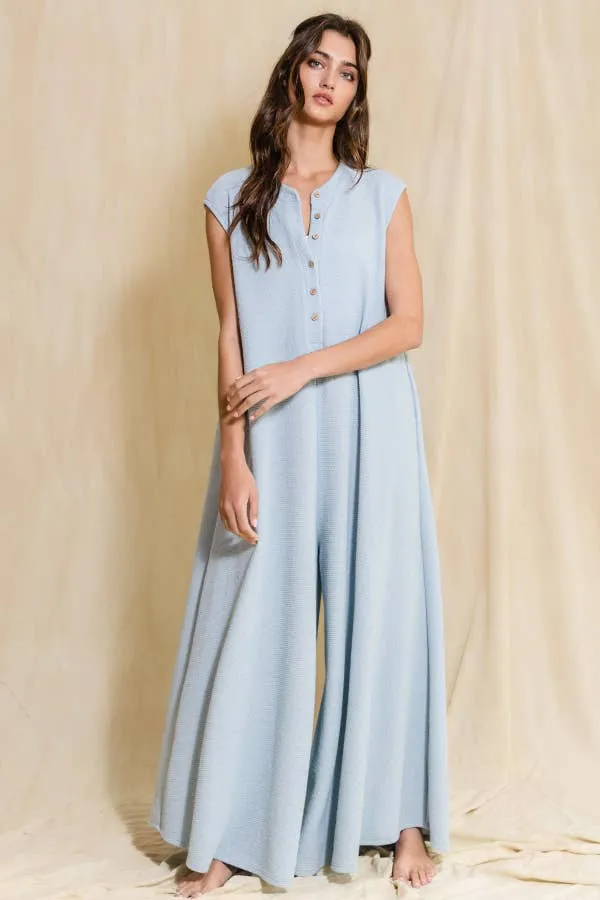 Wide Leg Button-up Loose Fit Solid Jumpsuit