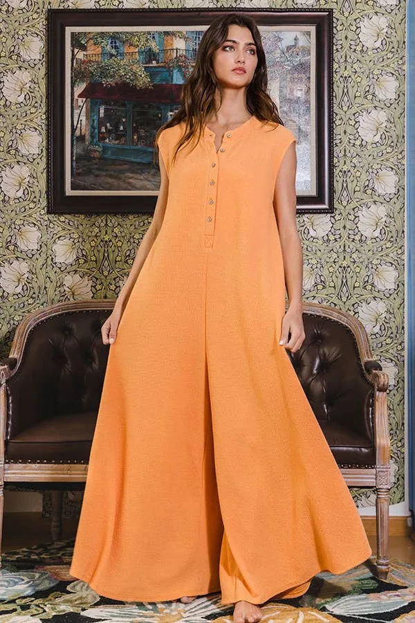 Wide Leg Button-up Loose Fit Solid Jumpsuit