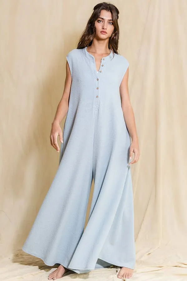 Wide Leg Button-up Loose Fit Solid Jumpsuit