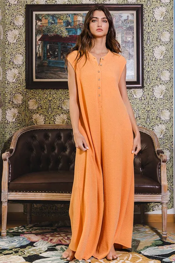 Wide Leg Button-up Loose Fit Solid Jumpsuit