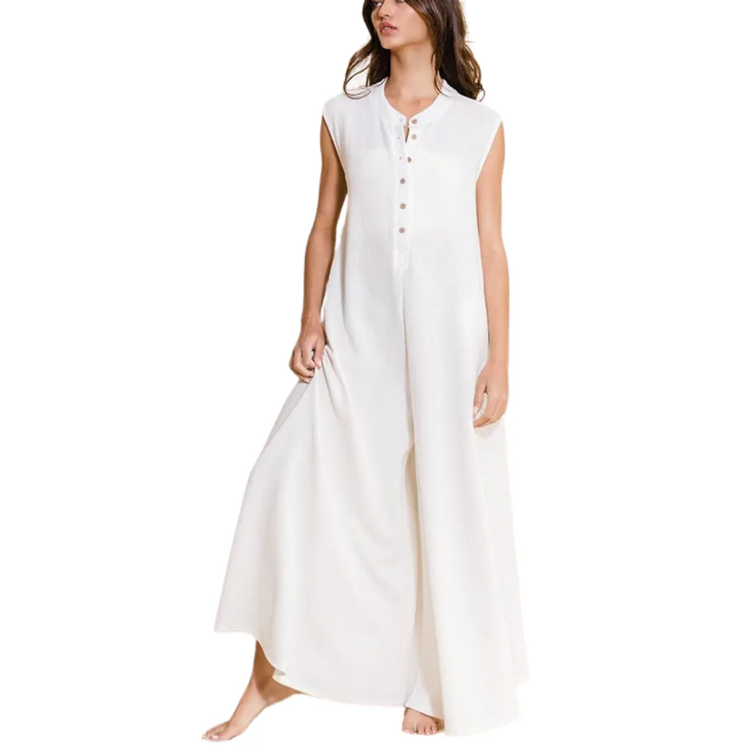 Wide Leg Button-up Loose Fit Solid Jumpsuit