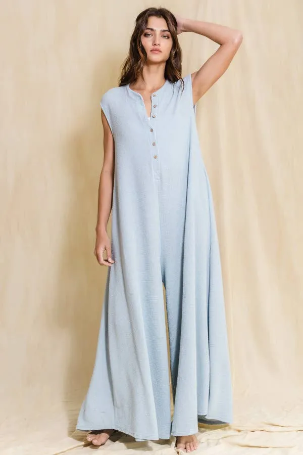 Wide Leg Button-up Loose Fit Solid Jumpsuit