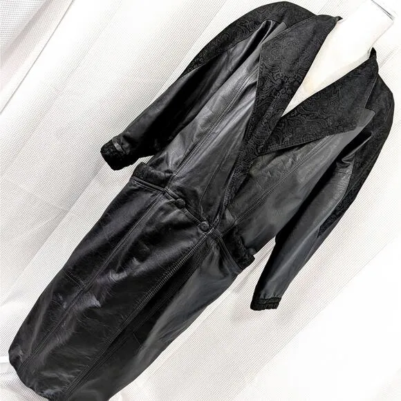 WINLIT! STUNNING BLACK GENUINE LEATHER, PAISLEY SUEDE SHOULDER TRENCH COAT! SZ M