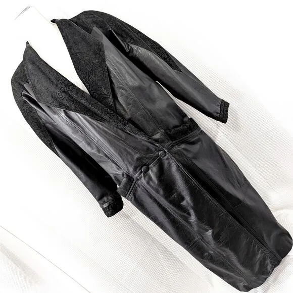 WINLIT! STUNNING BLACK GENUINE LEATHER, PAISLEY SUEDE SHOULDER TRENCH COAT! SZ M