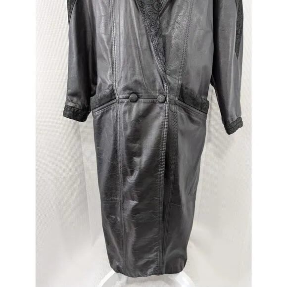 WINLIT! STUNNING BLACK GENUINE LEATHER, PAISLEY SUEDE SHOULDER TRENCH COAT! SZ M