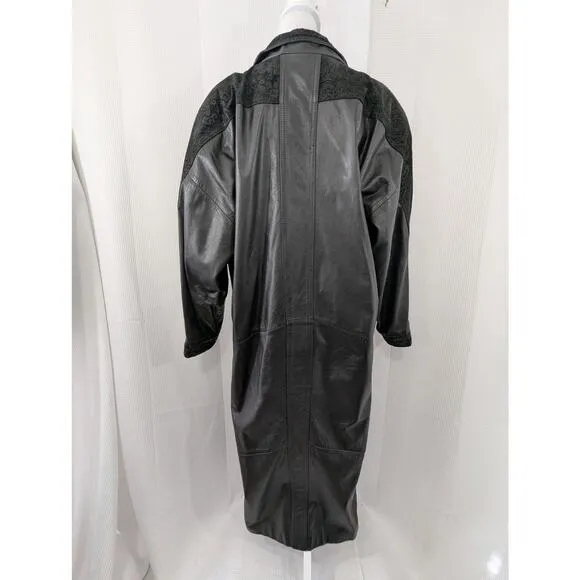 WINLIT! STUNNING BLACK GENUINE LEATHER, PAISLEY SUEDE SHOULDER TRENCH COAT! SZ M