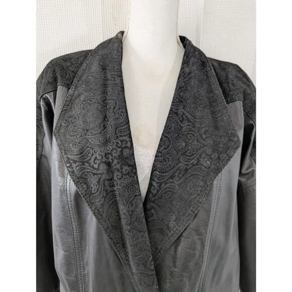 WINLIT! STUNNING BLACK GENUINE LEATHER, PAISLEY SUEDE SHOULDER TRENCH COAT! SZ M