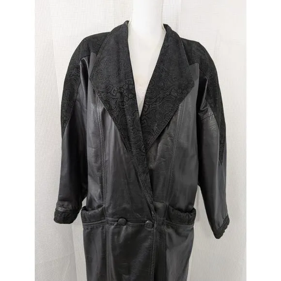 WINLIT! STUNNING BLACK GENUINE LEATHER, PAISLEY SUEDE SHOULDER TRENCH COAT! SZ M
