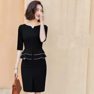 Women Autumn Elegant Frill Peplum 3/4 Sleeve Tunic Vintage Wear To Work Business Party Stretch Bodycon Sheath Dress DD1993