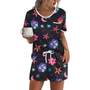 Women Black 2 Piece Lounge Set Short Sleeve Tops and Shorts Soft Sleepwear