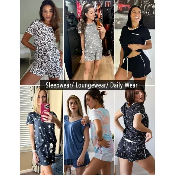 Women Black 2 Piece Lounge Set Short Sleeve Tops and Shorts Soft Sleepwear