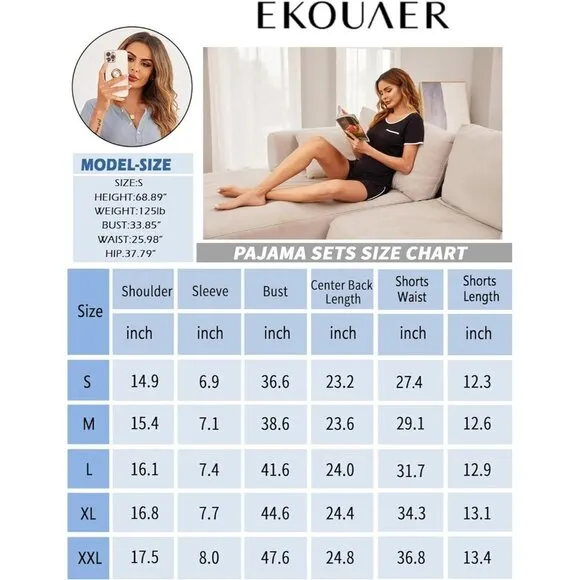 Women Black 2 Piece Lounge Set Short Sleeve Tops and Shorts Soft Sleepwear