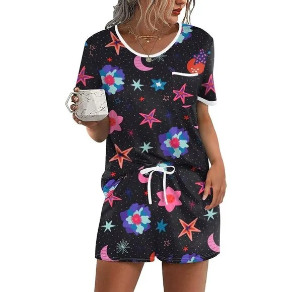 Women Black 2 Piece Lounge Set Short Sleeve Tops and Shorts Soft Sleepwear