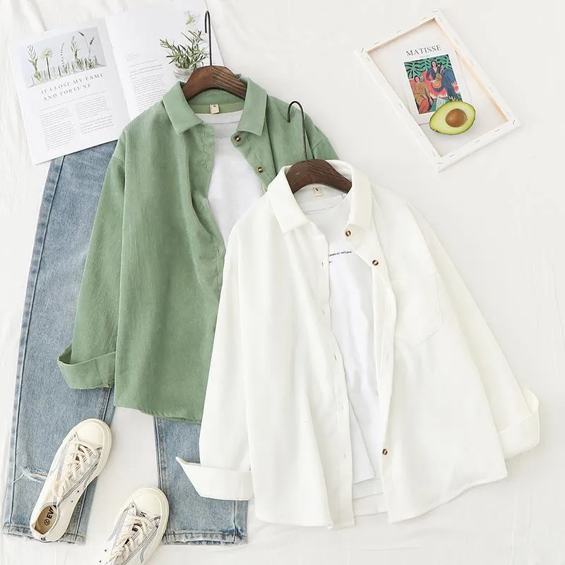 Women Blouses Shirts Long Sleeve Clothing Button Up Down Loose White Top - WSB8536