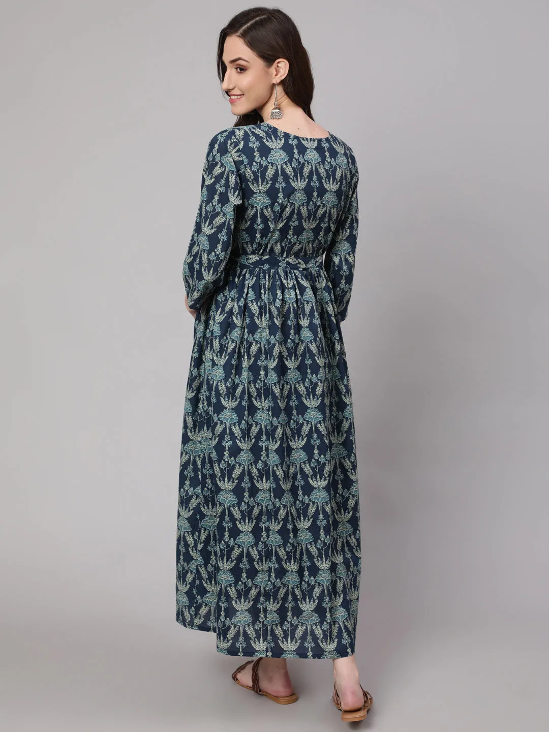 Women Blue Printed Flared Maternity Dress