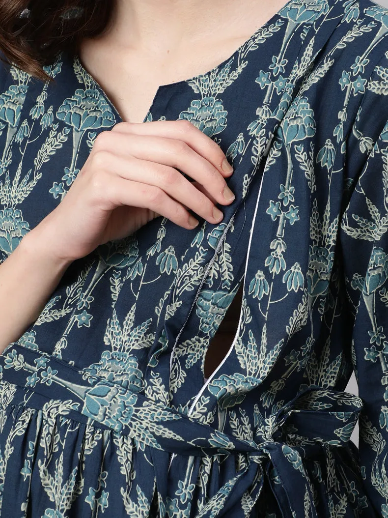 Women Blue Printed Flared Maternity Dress
