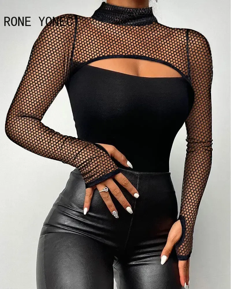 Women Chic Patchwork Hollow Out Half High Neck Long Sleeves Bodycon