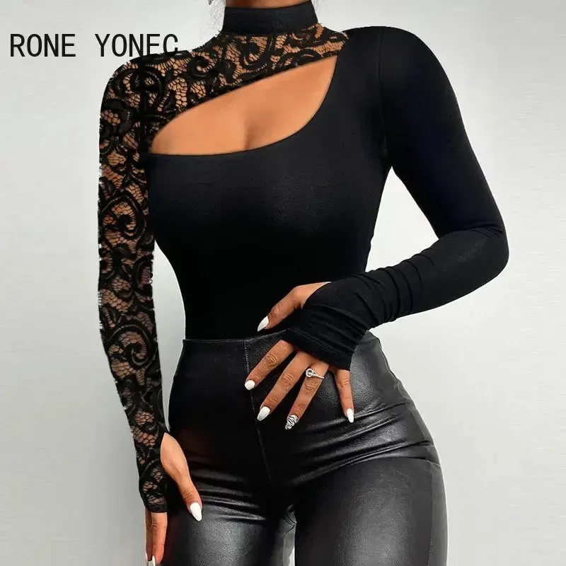 Women Chic Patchwork Hollow Out Half High Neck Long Sleeves Bodycon