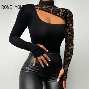 Women Chic Patchwork Hollow Out Half High Neck Long Sleeves Bodycon