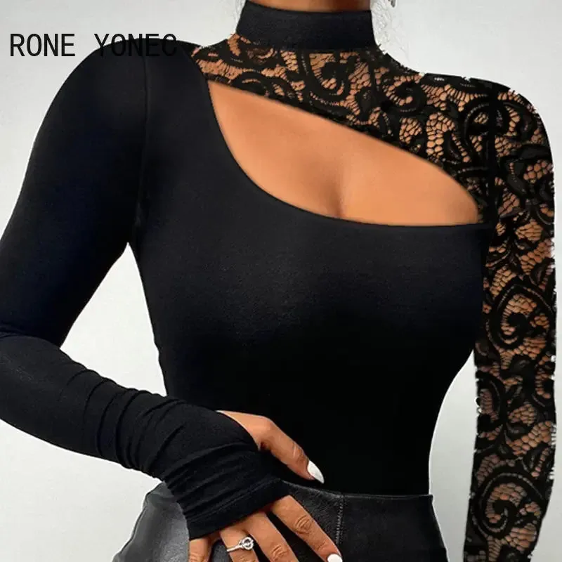 Women Chic Patchwork Hollow Out Half High Neck Long Sleeves Bodycon