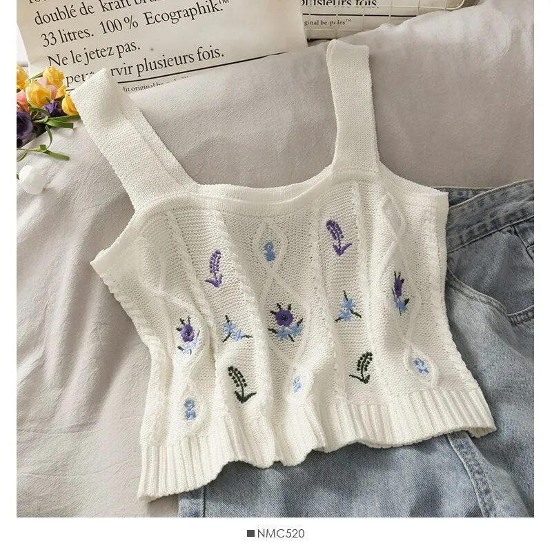 Women Flower Embroidery Knitted Crop Tops Women Casual Tube Tops Casual Ribbed Cute Tops Crop Tops Women Summer