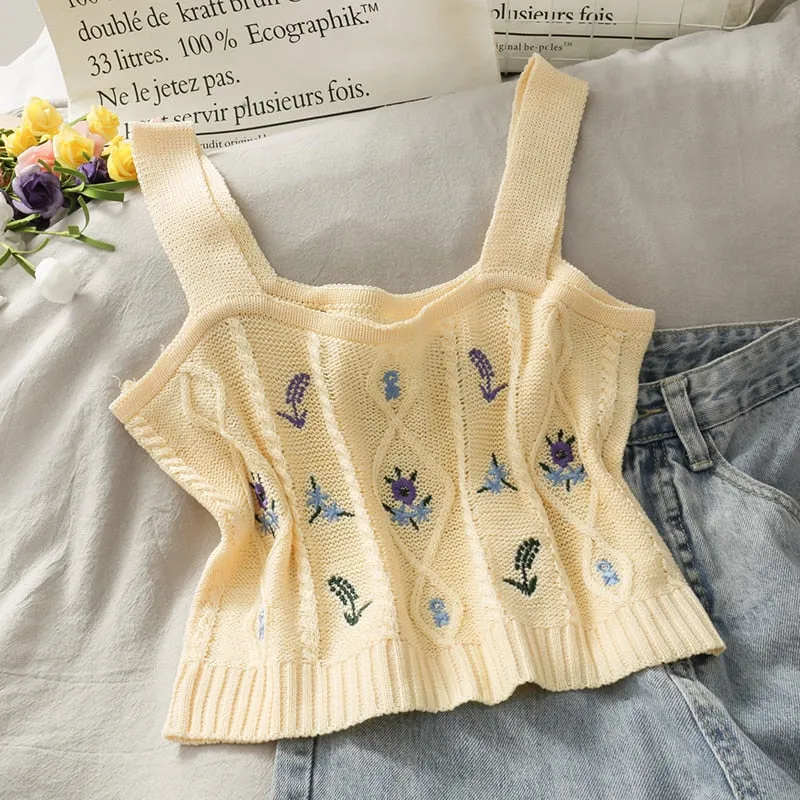 Women Flower Embroidery Knitted Crop Tops Women Casual Tube Tops Casual Ribbed Cute Tops Crop Tops Women Summer