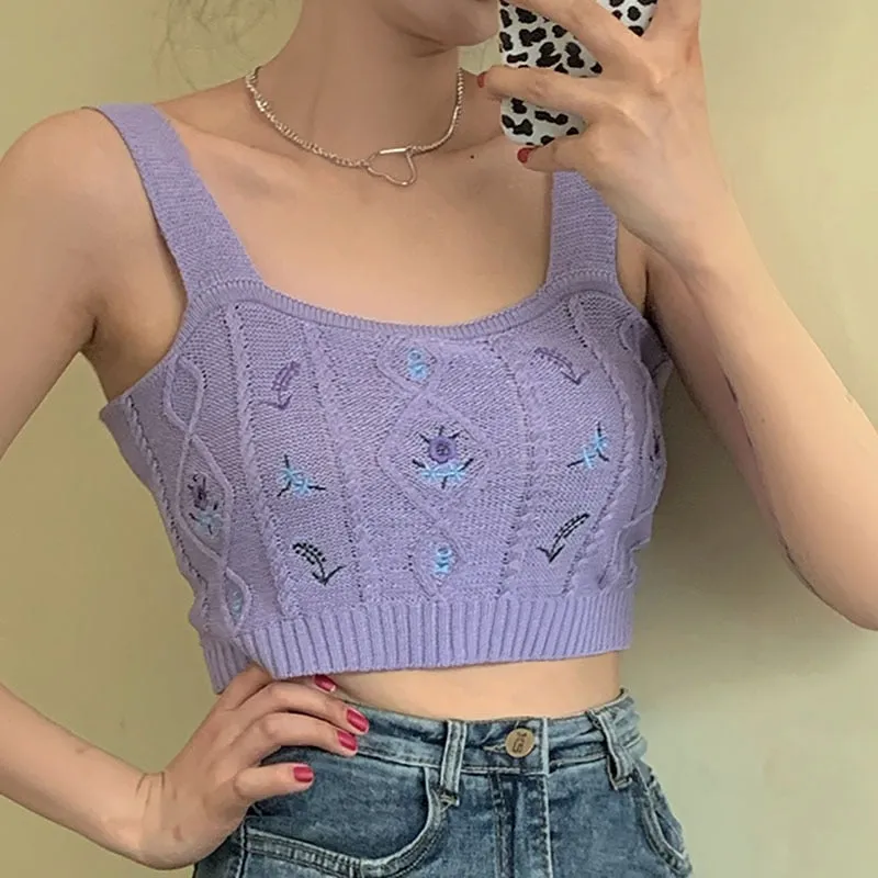 Women Flower Embroidery Knitted Crop Tops Women Casual Tube Tops Casual Ribbed Cute Tops Crop Tops Women Summer