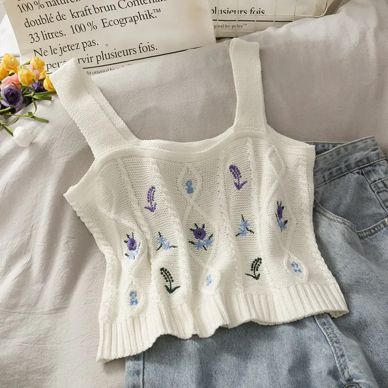 Women Flower Embroidery Knitted Crop Tops Women Casual Tube Tops Casual Ribbed Cute Tops Crop Tops Women Summer
