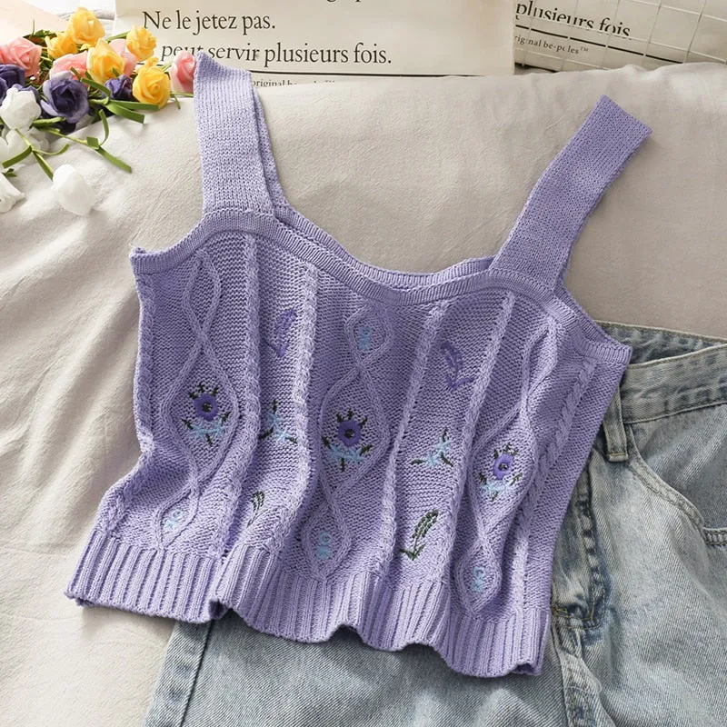 Women Flower Embroidery Knitted Crop Tops Women Casual Tube Tops Casual Ribbed Cute Tops Crop Tops Women Summer