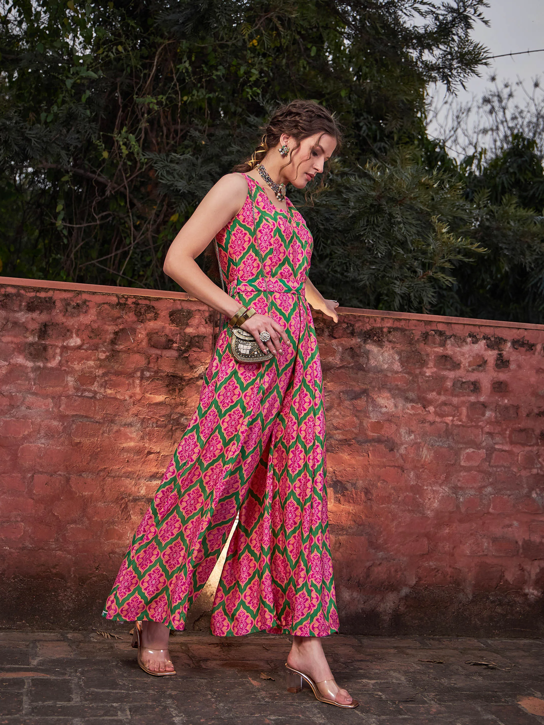 Women Pink & Green Floral Sleeveless Wrap Jumpsuits