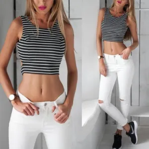 Women Sexy Sleeveless Backless Stripe Vest Tank Crop Tops Casual Blouses T-shirt NW