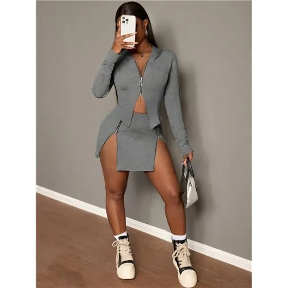 Women Solid Color Long Sleeve Zip-Front Hooded Top And Bodycon Skirt Casual Set
