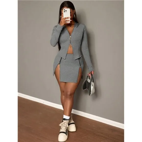 Women Solid Color Long Sleeve Zip-Front Hooded Top And Bodycon Skirt Casual Set